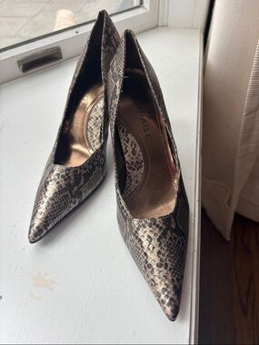 Rampage Metallic Snake-Print Pointed Toe Pumps in Bronze and Black